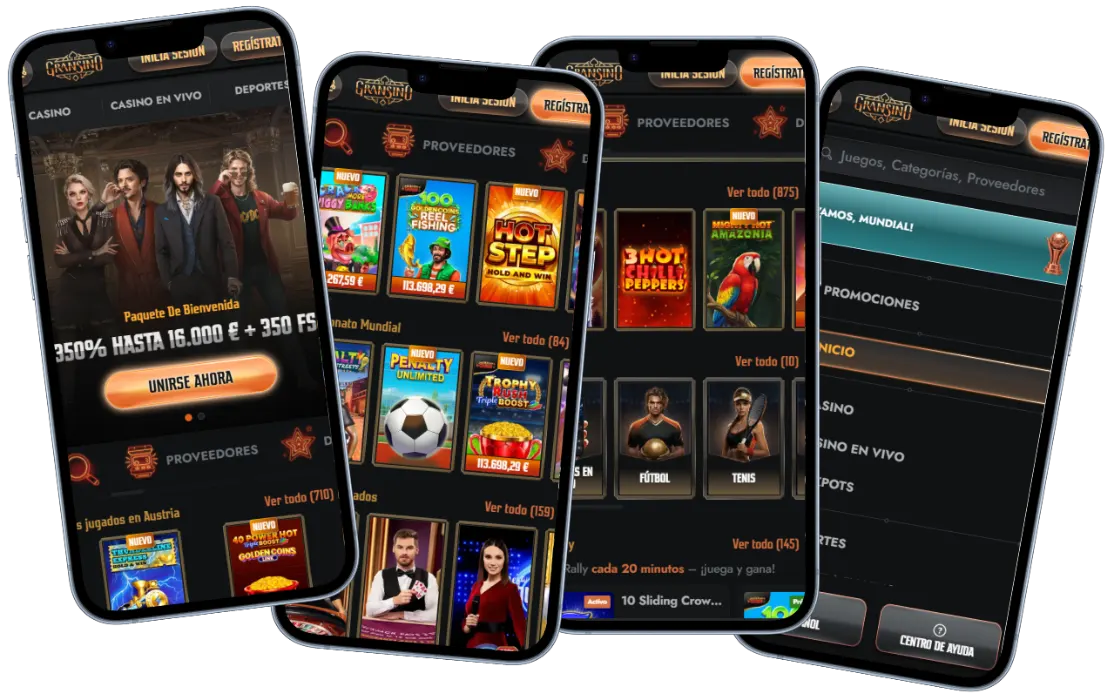 Burst Games aplicación móvil Burst Games aplicación móvil con casino, deportes y juegos en diferentes pantallas